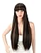 Kalyss 28 inches Women's Long Silky Straight Black Brown Highlights Heat Resistant Smooth Yaki Synthetic Wig With Bangs Hair Replacement Wig for Women (Black with light brown highlights)