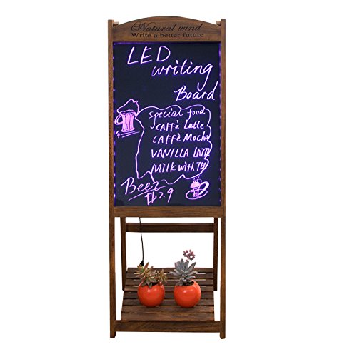 LED Message Writing Board, 22'' x 15 '' Wood Bottom Flower Shelf Restaurant Menu Sign, Flashing Illuminated Erasable Neon with Remote Controlled, Multiple Colors, Flash Modes (Coffee)