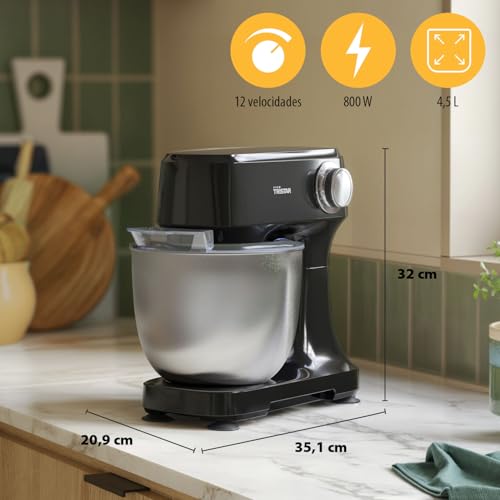 Robot de Cocina Tristar con Bol de Acero Inoxidable de 4,5 L, Potencia de 800 W, 12 Velocidades con Función Pulso, Cabezal Inclinable, Protector Antisalpicaduras, MX-4870