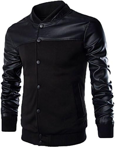 Teamoluna Men's Stand Collar Leather Sleeves Slim Fit Button Jacket (US,2XL/Asia,3XL) Black