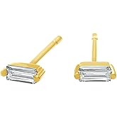 Baguette Stud Earrings for Women White Cubic Zirconia, Moissanite or Lab Grown Diamond Solitaire Studs Push Back Earring in 14K Gold Plated 925 Sterling Silver Dainty Jewelry Gift for Her