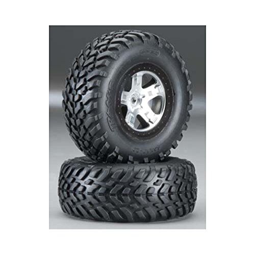 Traxxas 5873X SCT Off-Road Tires Pre-Glued on Satin Chrome, Black Beadlock-Style Wheels (pair)