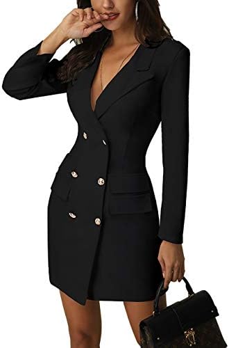 MISOMEE Women Solid Stylish V Neck Double Breasted OL Work Blazer Dress