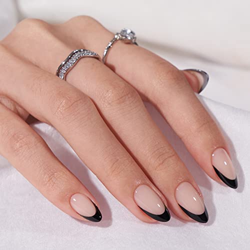 BTArtbox French Tip Press On Nails Almond - Black Press on Nails Short, Glue On Nails for Women Gift, Supremely Fit Natural Reusable Stick On Nails in 16 Sizes - 30 Fake Nails Kit, Black French - Image 2