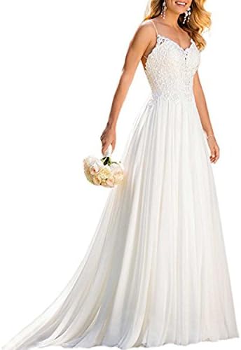 Alanre Spaghetti Straps Appliques Lace Chiffon Wedding Gown Beach Bride Dress Backless Ivory 10