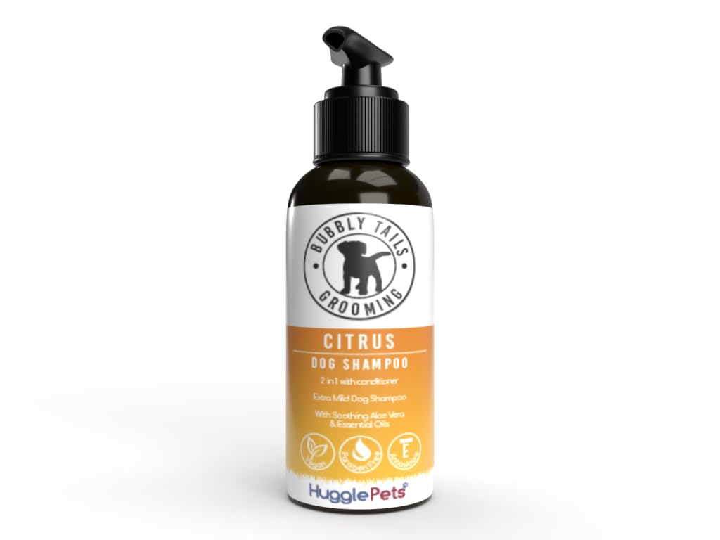 HugglePets Bubbly Tails Citrus 2 in 1 Hypoallergenic Dog Shampoo and Conditioner 500ml. Fragrant Grooming Clean Fresh-Smelling Pups. Paraben Free and Vegan Friendly Cruelty Free Dog Shampoo