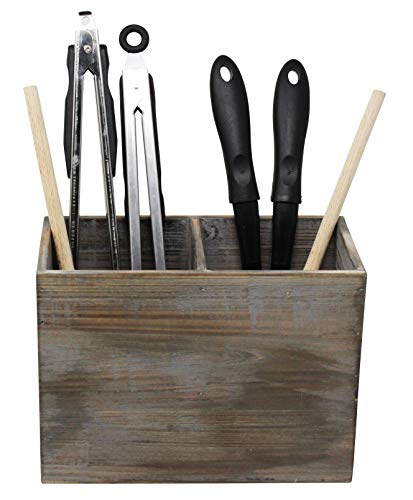 Vintage Rustic Barnwood Torched Wood Kitchen Utensil Holder - Organizer Caddy Box For Cooking, Silverware, Flatware, Sauce Spoon, Tongs, and More