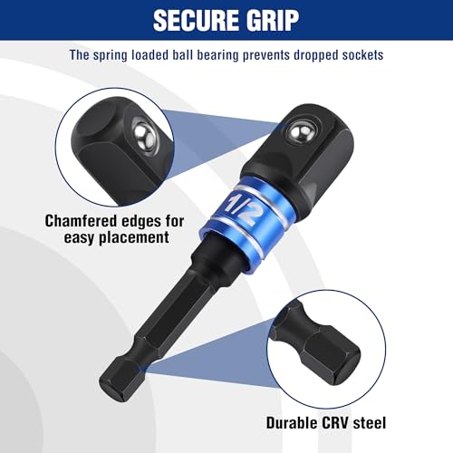WORKPRO Socket Adapter Set 3 Pieces, Socket Adapter for Drill with 1/4 Inch Hex Shank, 1/4 Inch, 3/8 Inch and 1/2 Inch Converter, Impact Wrench Adapter and Screwdriver