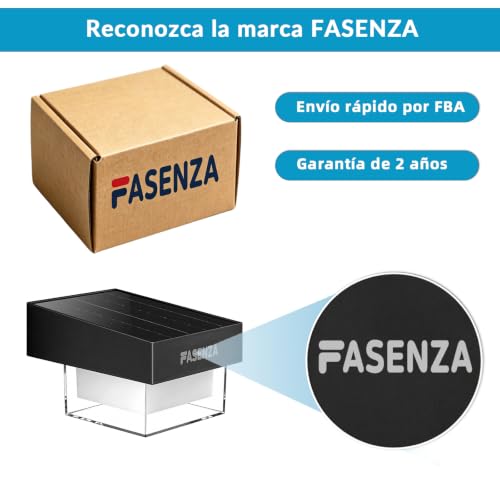 FASENZA Lámpara Solar Exterior: 400 Lúmenes, 3 Tonos de Luz Ajustables 3000K/4500K/6500K, Batería 1800mAh, IP65 Impermeable, para Jardín, Patio, Terraza, Pasillo, Valla, 2 Años de Garantía, 4 Piezas