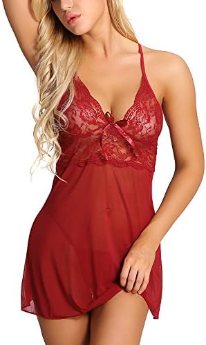 SkinnyKissy Women Babydoll Chemise,Sexy Strap Sleepwear Sets,Luxury Ultra Soft Lace,Halter Lingerie for Ladies