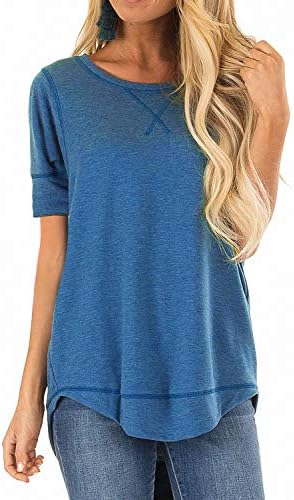 Allimy Women Summer Short Sleeve Stitched Detail Blouses Casual Shirts Tops