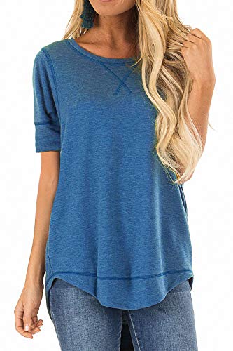 Allimy Women Summer Short Sleeve Stitched Detail Blouses Casual Shirts Tops