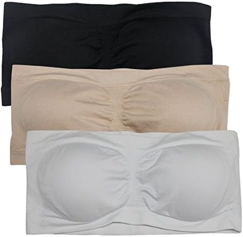 NEUYILIT Bandeau Bra Tops, Women's Strapless Solid Color Seamless Basic Tube Bra Size L Pack of 3, White &amp; Nude &amp; Black
