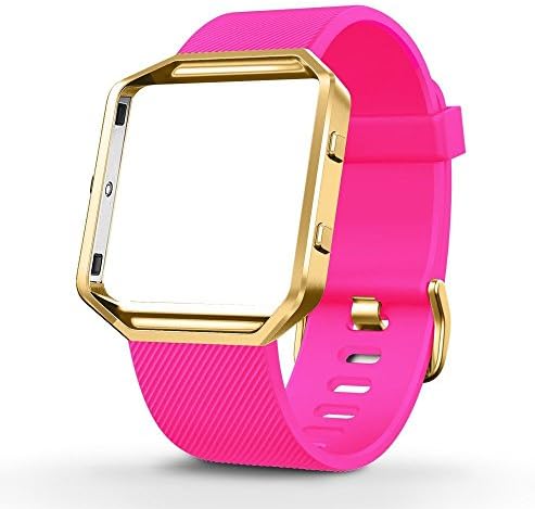 Juvnile Fitness Smart Watch Band Replacement for Fitbit Blaze, Soft Silone Band with Stainless Steel Frame (Large, Gold Frame with Hot Pink Band)
