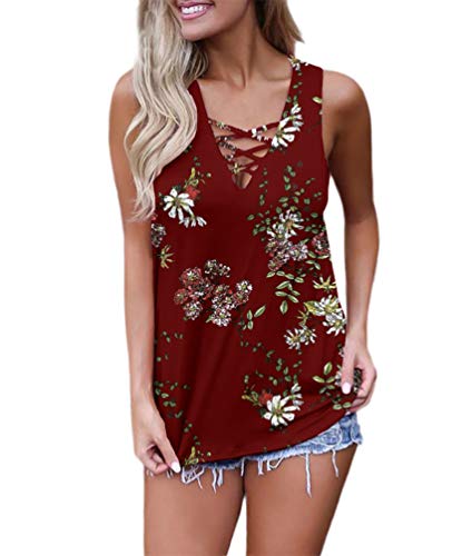 Feiersi Women's Sleeveless Criss Cross Print Casual Tank Tops Basic Blouse(Floral Wine Red,L)