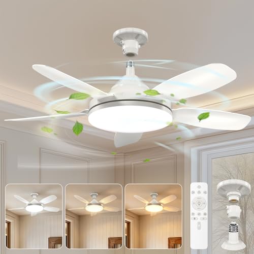 GOODEA Ventilateur de Plafond avec Lumière et Telecommande 81cm, E27 & 5 Pales à Encliquetage, 3 Couleurs & 2500LM Très Lustre Ventilateur Plafond Silencieux Minuterie Mémoire pour Salon Chambre