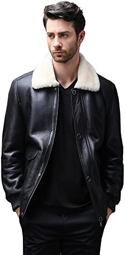 Men's Fur Coat Pilot Leather Jacket Men Shearling Jacket Short Jacket Lapel Outerwear (L, Black)