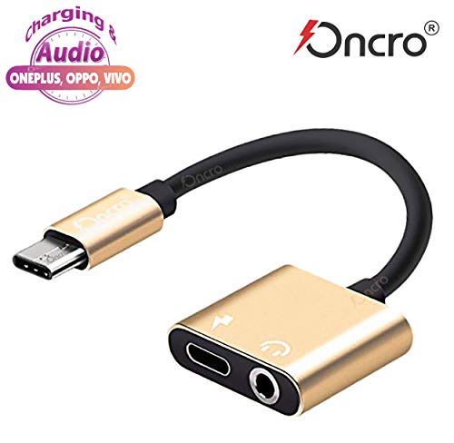 ONCRO® Trending Gold Metal 2 in 1 Type C to 3.5mm Aux Headphone Splitter Adapter Jack & Charging Jack Converter for 1 Pl
