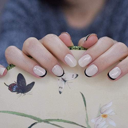 偽の爪ラウンドベージュフレンチネイルヒントブラックスマイルラインヌードショートネイル装飾セット24 春の新作続々