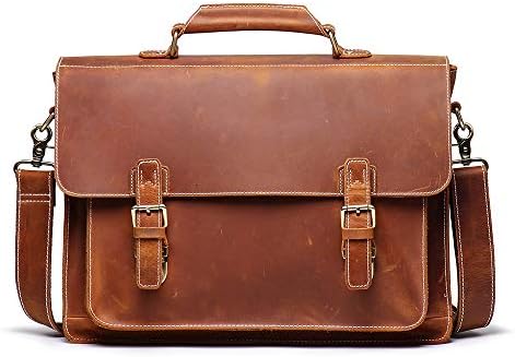15.6 Inch Leather Briefcase Full Grain Leather Laptop Messenger Bag, Shoulder Bag, Messenger Satchel Bag by LeathFocus (Brown)
