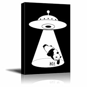 Canvas Wall Art - UFO Abduction of a Panda - Giclee Print Gallery Wrap Black and White Children