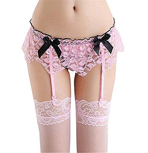 Mismxc Sexy Womens Lace Garter Belt with Stockings Lingerie (Pink 1)