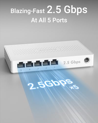 BrosTrend 5 Port 2.5GB Switch, Unmanaged Ethernet Switch for Game Console, PC, NAS, etc. 2.5 Gigabit Network Switch Fanless Plug & Play, Multi-Gigabit Switch, Desktop / Wall Mount, Lifetime Protection