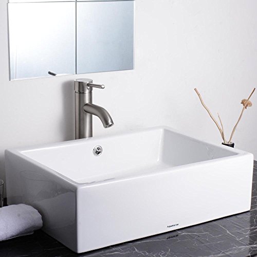 20-2/7" L x 14-1/4" W x 6" H Bathroom Rectangle Vessel White Porcelain Ceramic Sink Countertop Types Overflow w/ Chrome Pop Up Drain