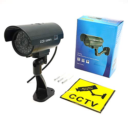 Dummy Security Camera Bullet Fake CCTV Outdoor Indoor Imitation Wall and Dome Surveillance with Flashing Blinking LED, Warning Sticker, 4 Packs, Black