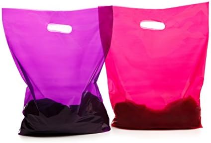 100 Pink and Purple Extra Thick 2.0 Mil 12" x 15" Plastic Shopping Bags with Die Cut Handle with Bottom Gusset Glossy Retail Merchandise Bags For Stores, Boutiques, Clothes