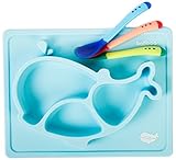 Silicone Placemat Mini Mat For Babies Toddlers Infants Kids Plate Blue Sunction Feeding Tray Whale Shape+3 Color Changing Spoons Bowl Non-Slip Portable BPA&PVC Free Gift Travel Kitchen Table Highchair