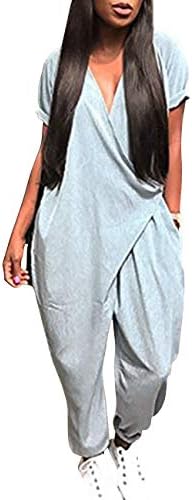 AoMoon Women's Casual V Neck Short Sleeve Romper Wrap Chest Baggy Harem Jumpsuit Playsuit