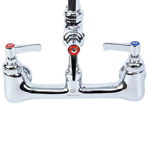 Ridgeyard Commercial Wall Mount Kitchen Sink Faucet Brass Constructed Polished Chrome Pre-Rinse Device 46" Height 8" Center with Coilded Spring Pull Down Sprayer and 12" Add-on Spout - Thumbnail 7