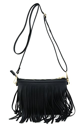 Small Fringe Crossbody Bag with Wrist Strap Black
