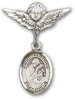 ReligiousObsession's Sterling Silver Baby Badge with St. Aloysius Gonzaga Charm and Angel with Wings Badge Pin