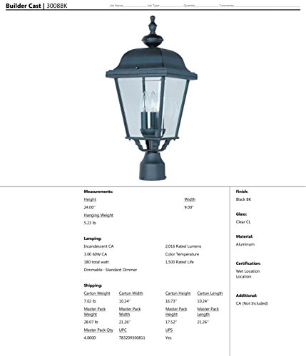 Maxim 3008BK Builder Cast Aluminum Outdoor Post Lighting 9 by 24 Inch - Outdoor Light Fixtures for Lobby, Courtyard, Balcony, Dockyard. Lighting Accessory