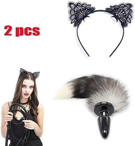 WIUP B~UTT Massaging Wand Plug Anale - Beginner Starter Set –Hypoallergenic Silicone Fox Tail Headband Headwear 2 PCS for Prom Party Costume Cosplay Kit Black&Brown