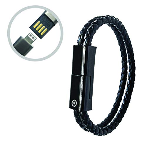 CHARGER BRACELET - Lightning to USB Cable Charging Bracelet for iPhone, Magnetic Wristband made with Genuine Leather | Great for Travelers + Gifts | Compatible with iPad, iPod, AirPods (Black/Black,L)
