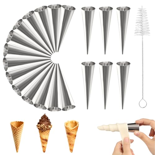 Large Conical Cream Horn Molds, 20Pcs Stainless Steel Roll Horn Forms with Cleaning Brush, Conical Danish Croissant Cones Molds, Non-stick Cream Horns Pastry Mould for Ice Cream Cone Party Dessert