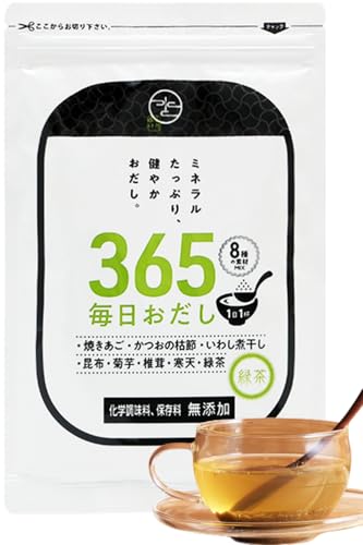 mizunoto 飲むお出汁 粉末 365毎日おだし 緑茶入り 無添加 国産 食塩不使用 天然100％ かつお 煮干し 昆布 緑茶 焼きあご 椎茸 寒天 菊芋 [説明書付き]商品画像