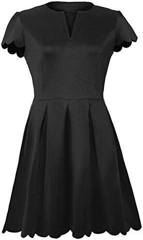 KEBINAI Women Cute V Neck Sweet Scallop Pleated Skater Dress BlackLarge