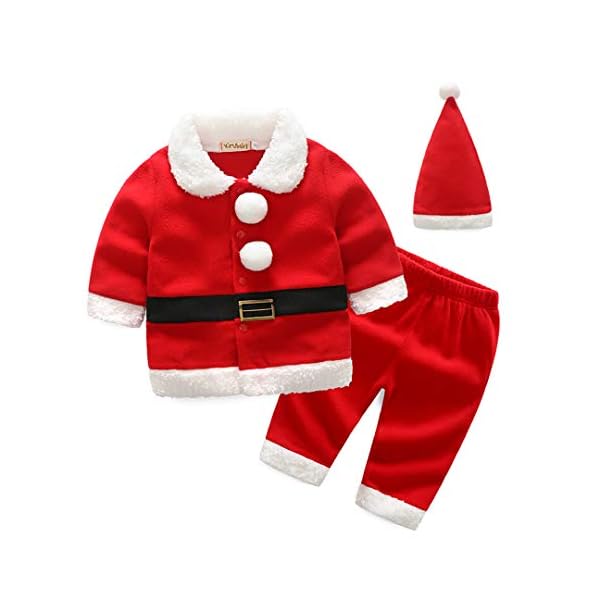 AIKSSOO 3Pcs Toddler Baby Christmas Outfit Set Santa Costume Belt Shirt+Pants Set Size 90(12-18M) (red)