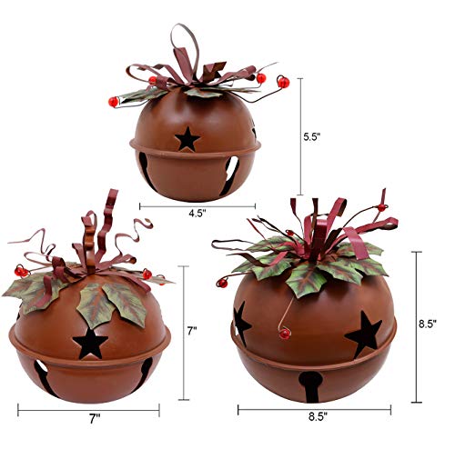Large Christmas Jingle Bell Decoration Set of 3, Rustic Red Jingle Bell Hanging Christmas Tree Bell Ornament Metal Star Cutout Xmas Holiday Decor, Party and Festival Decoration (Bell Set)
