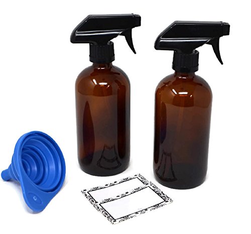 EMPTY AMBER GLASS SPRAY BAIRE BOTTLES, 16 OZ REFILLABLE BLACK TRIGGER SPRAYER - Essential Oils, Cleaning Products, Aromatherapy, Spray / Stream Setting, 2 PK, BONUS DAMASK WATERPROOF LABELS and FUNNEL