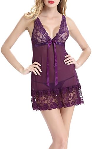 URMP Lace Babydoll Lingerie Sexy Sleepwear Nightwear Dress Set Mesh Chemise Nightgown for Women