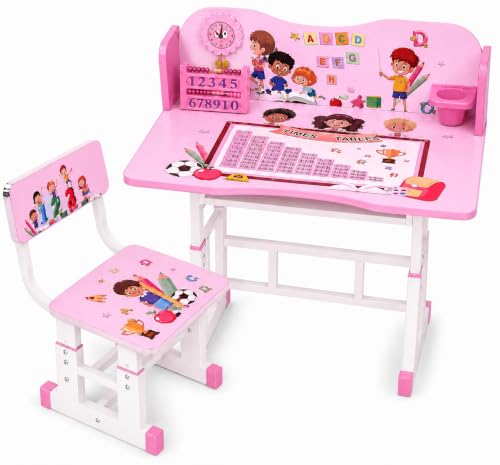 Toshionics Adjustable Kids Study Table & Chair Set | Egonomic Study Desk with Learning Board & Clock, Adjustable Height School Desk with Storage Cup Tiltable Desktop for Kids 3-15 - Pink