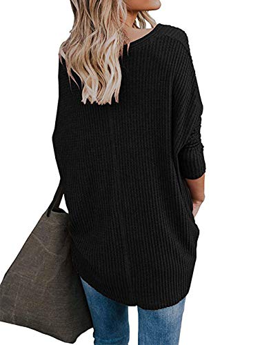 Womens Waffle Knit Tunic Blouse Front Tie Knot Henley Tops Button Down Knitting Cardigan Batwing Plain Shirts Black M - Thumbnail 4