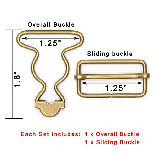 Enosea Suspenders Metal Overall Buckles, 6 Sets Dungaree Fastener Gourd Buckles with Slider, Antique Brass (1.25 inch)