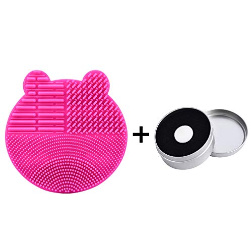 Silicon Makeup Brush Cleaning Mat with Brushes Drying Holder Portable Bear Shaped Cosmetic Brush Cleaner Pad+ Makeup Brush Dry Cleaned Quick Color Removal Sponge Scrubber Tool (Rose Red)