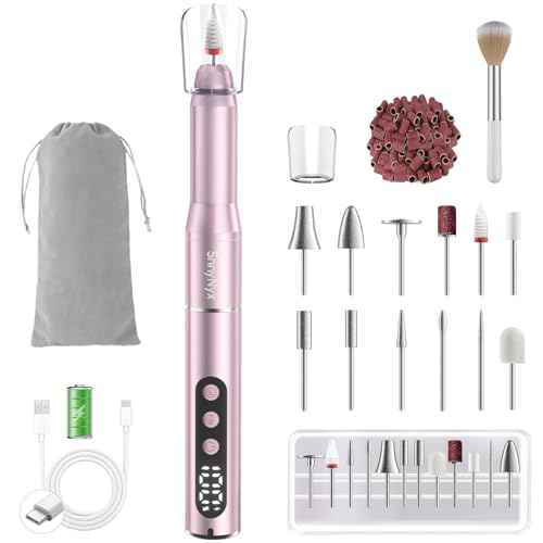 SnnyNyx Cordless Electric Nail Drill 35000 RPM, Professional Nail File Kit with LCD Display, 12 Bits & 36 Sanding Bands, Rechargeable Manicure Pedicure Kit for Acrylic Gel Nails, Salon & Home Use(Rose Gold)
